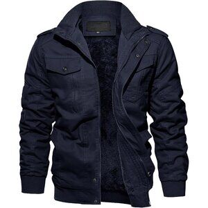 Men's Navy  Winter Cargo Fleece Sherpa Lined Casual Windproof Bomber Jacket